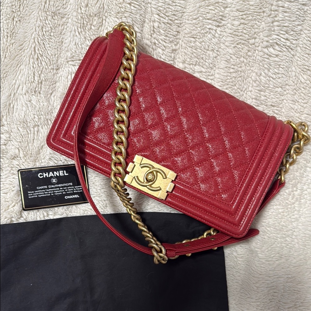 CHANEL Red and Gold Crossbody Bag with Quilted Leather